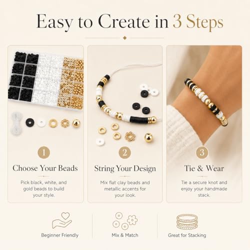 Believo Polymer Clay Beads Kit for DIY Jewelry with Elastic Cord, Colorful Flat Heishi Beads and Spacer Pieces – Ideal for Friendship Bracelet & Necklace Making (Black & White) - Image 6