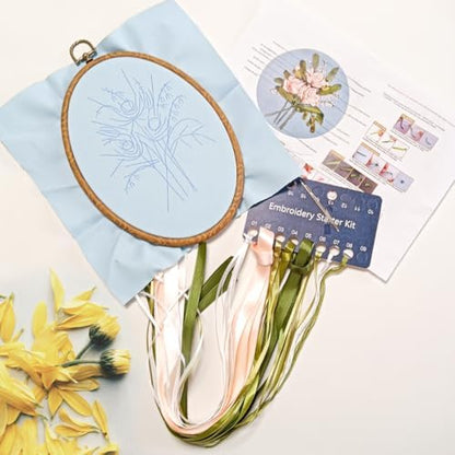 FONNUY Ribbon Embroidery 3D Flowers Pattern Design Kit Embroidery DIY Handwork Set Oval Home Decoration (Champagne Rose) - Image 4