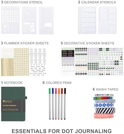 &And Per Se Dotted Journal Kit, A5 Hardcover Dot Grid Journal Notebook Set for Beginners with Journaling Supplies Stencils, Stickers, Washi Tapes & Colored Pens Accessories (Green) - Image 5