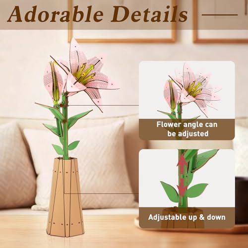 3D Wooden Pink Lily Flower Puzzle,DIY Artifical Flower Building Set Craft Kit,Home Decor,Housewarming,Mother's Day/Birthday/Christmas Day Gift for Mom and Women - Image 3
