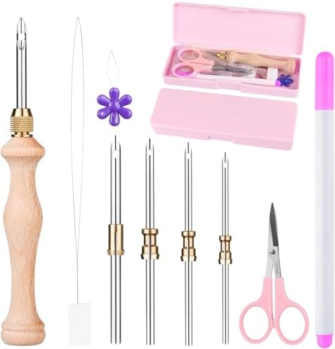 Cheloment 2 Sets of Punch Needle Kit with Storage Box,Adjustable Punch Needle Tool with 5 Different Metal Needles,Embroidery Punch Needle Set Adults Beginner for DIY Craft,Perfect for Gifts（Pink） by Cheloment