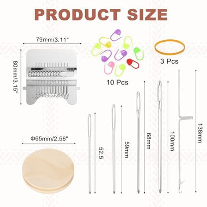 MECCANIXITY Mini Darning Loom, 12 Hooks Wood Weaving Knitting Machine with Knitting Needles and Buckle for Repair Jeans Socks DIY Craft, Knit Patch Loom Weave Tool,Silver - Image 2