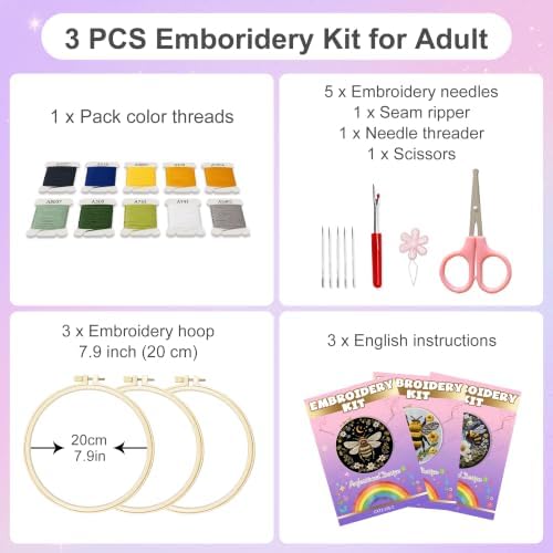 Huacan Embroidery Kit for Adults Beginners with 3 Hoops & Gift Box - Image 2