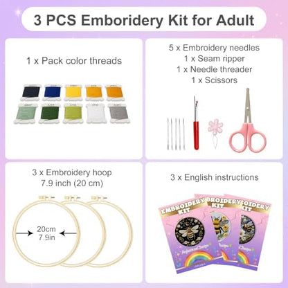 Huacan Embroidery Kit for Adults Beginners with 3 Hoops & Gift Box - Image 2