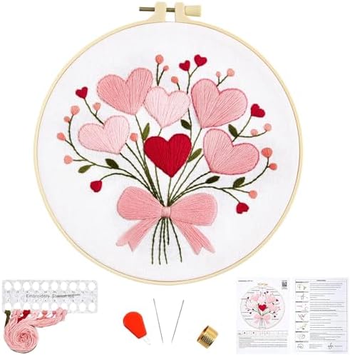 Heart Flower Embroidery Kits for Beginners Adults, Pink Embroidery Starter Kits, Counted Cross Stitch Kits for Adults Anniversary Valentine's Day Gift, Embroidery Hoops, Fabric Thread & Video Tutorial by Unknown