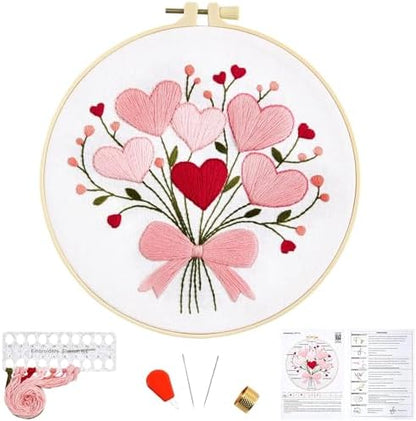 Heart Flower Embroidery Kits for Beginners Adults, Pink Embroidery Starter Kits, Counted Cross Stitch Kits for Adults Anniversary Valentine's Day Gift, Embroidery Hoops, Fabric Thread & Video Tutorial by Unknown