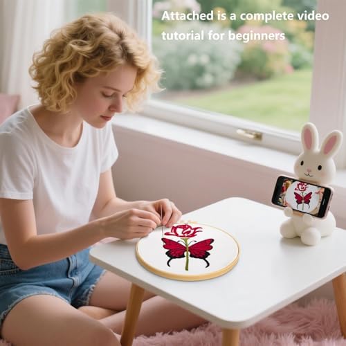 Butterfly Rose Embroidery Kits for Beginners Adults, Valentine's Day Hand Embroidery Kits, Cross Stitch Kits for Adult Anniversary Valentine's Gifts, Entire Set of Embroidery Supplies & Video Tutorial - Image 2