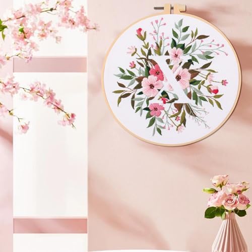 IUHUI Embroidery Kit for Beginners Adults - 26 Floral Letters Easy Patterns, DIY Hand Stitching Embroidery Set with Hoop (Flower and Grass Letter X) - Image 3