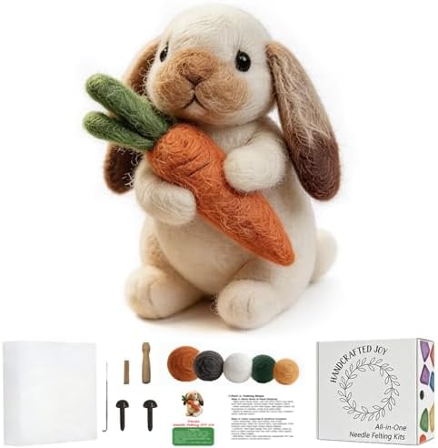 DIY Needle Felting Kit Cute Brown Lop-Eared Bunny Holding Carrot – Needle Felting Starter Kit with Fiber Roving, Needles, Felting Pad & Instructions | Felted Rabbit Kit for Beginners Adults by FaceNFace