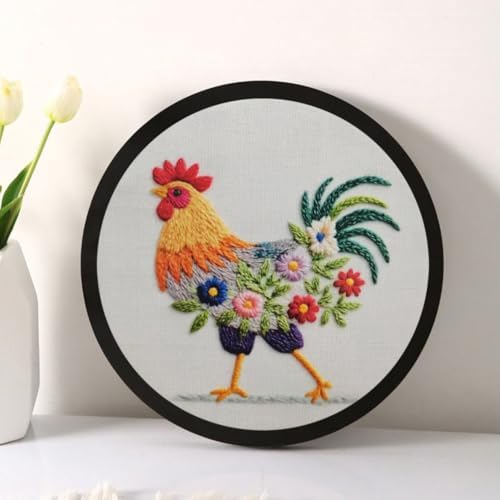 Esffaci Embroidery Starter Kit for Adult Beginner with Funny Rooster Flowers Pattern Hand Embroidery Set with Cloth Hoop Needle Threader Floss and Instruction - Image 3