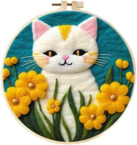 Zovylks Needle Felting Kit for Adults, 7.9 Inch Wool Felt Painting DIY Craft Set for Beginners, Needle Felt Starter Kit with Picture Frame, Foam Pad, Finger Cot (White Cat) by Unknown