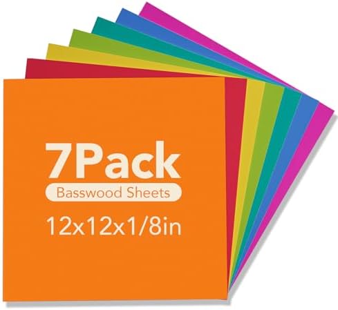 Rowood Colored Plywood Sheets for Laser Cutting,12x12x1/8inch,7 Pack 3mm Thin Unfinished Wood Crafts for Laser Engraving and DIY Ornaments and Architectural Model-Red/Orange/Yellow/Blue-WB124 by RowoodAssembleArtDecorateLife