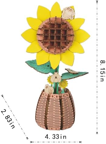3D Wooden Flower Puzzle Kit for Adults | DIY Botanical Bouquet Building Set with Adjustable Vase | Home Decor & Stress Relief Gift-Sunflower (83PCS) - Image 2
