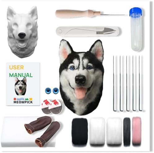 MeowPick Dog Head Needle Felting Kit with Upgraded Breed-Specific Mold - Complete DIY Wool Felting Starter Set for Beginners (Husky) by MEOWPICK