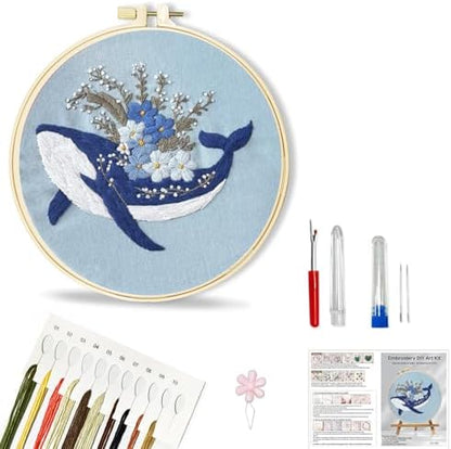 Huacan Embroidery Kit for Beginners Adults Includes Stamped Bee and Dolphin Pattern, Hoop, Color Threads,Tools,Easy to Follow Instruction by Home