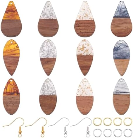Cheriswelry Earring Making Kit 24Pcs 38x18-22mm Teardrop Resin Walnut Wood Pendants with 60Pcs 17-19mm Brass Earring Hooks 60Pcs 8x1mm Brass Jump Rings for DIY Dangle Earring by Cheriswelry