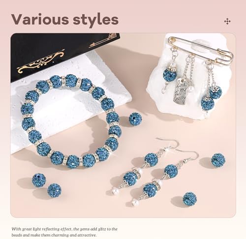160pcs 10mm Rhinestone Beads for Jewelry Making, Blue Zircon Shiny Round Disco Ball Beads Bulk, Sparkle Crystal Clay Christmas for Bracelet Baseball Necklace Earring Crafting and DIY - Image 2