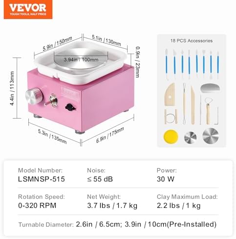 VEVOR Mini Pottery Wheel for Kids & Adults Beginners, 2 Turntables 2.6in/3.9in & Two-Way Rotation, Adjustable Speed, Complete Pottery Kit with 18 Accessories for Girls Birthday Christmas Gifts, Pink - Image 7