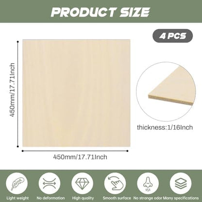 4 Pack Plywood Sheets, 17.1" x 17.1"x 1/16" Basswood Sheets - Image 2
