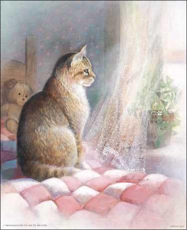 DSC Cat on Pink Quilt at The Window Paper Tole 3D Decoupage Craft Kit Size 8x10 inches 51139 (The Additional Pictures Show This Craft Kit Assembled and Framed in a Shadow Box Frame) by DSC