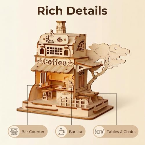 3D Wooden Puzzle Coffee Shop Model Kit - DIY Miniature House Building Set for Adults & Teens, Laser Cut Wood Craft Kit, Educational Hobby Gift for Coffee Lovers, Home Desk Decor - Image 3
