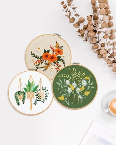 Santune 3 Sets Embroidery Kit for Beginners Needlepoint Cross Stitch Kits for Adults,Stitch Learning DIY Sets with Instruction Video,Stamped Floral Patterns,Hoop,Threads,Sewing Kit - Image 3