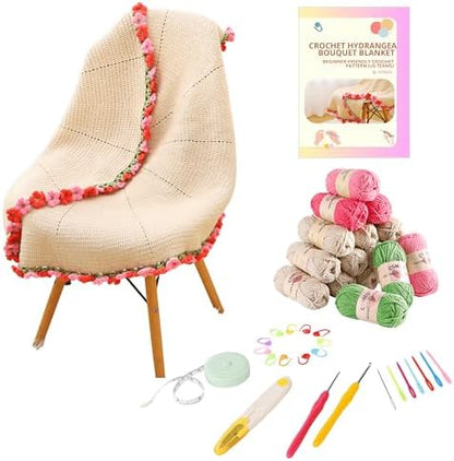 CSWCS Crochet Blanket Kit for Beginners, 40 inches Flower Bouquet Shawl Throw Kits for Adults, Learn How to Knitting with Yarn, Hook & Instructions, Gifts for Women Home Decor (Pink-red Hydrangea Kit) by Cswcs