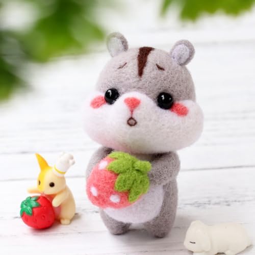 Wizardi Beginner Needle Felting Kit for Adults - Hamster with Strawberry. Animal Felting Kit 7x5x4cm. Felting Tools. Wool Felting Supplies. Felt Crafts. Wool Felt. F07N8-126 by Wizardi