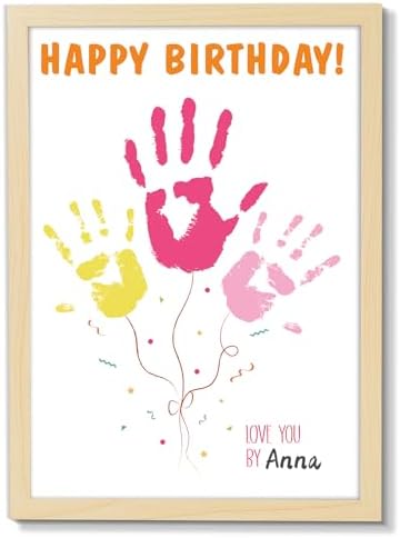 QOUBAI Birthday Handprint Balloon Art Craft DIY Kit Happy Birthday Gifts Children Adults Handprint Keepsake for Mom Father Friend Grandparent Birthdays Gift Christmas (12X16in, with Wood Frame) by QOUBAI