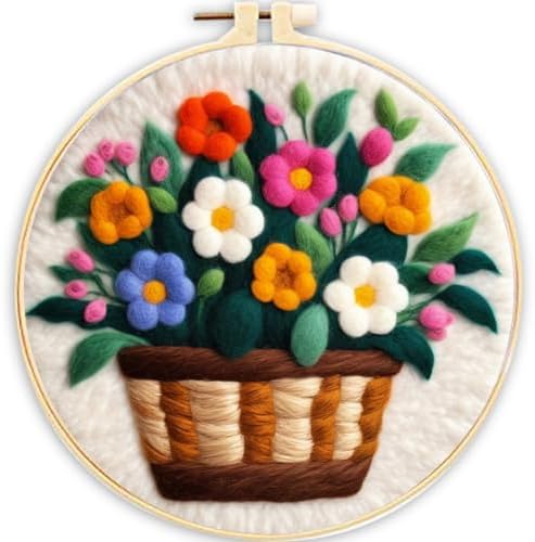 CaptainCrafts Needle Felting Kit, Wool Felt Supplies, Embroidery Hoops, Wool Painting Tools Needle Felting Starter Kit for DIY Decoration (Flower Basket) by CaptainCrafts