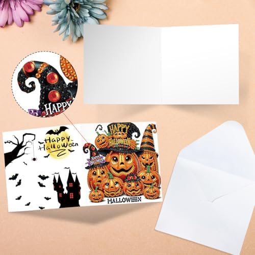 antor 6 Pack Halloween Pumpkin Diamond Painting Card Kits, DIY 5D Rhinestone Halloween Diamond Art Greeting Cards with Envelopes, Handmade Pumpkin Diamond Art Craft Kits for Adults Beginners - Image 4