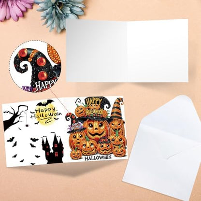 antor 6 Pack Halloween Pumpkin Diamond Painting Card Kits, DIY 5D Rhinestone Halloween Diamond Art Greeting Cards with Envelopes, Handmade Pumpkin Diamond Art Craft Kits for Adults Beginners - Image 4
