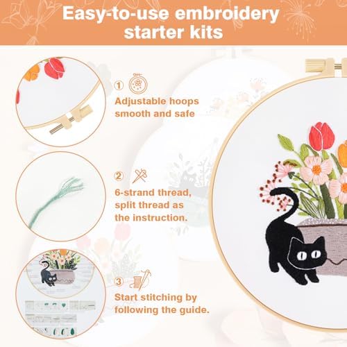 Embroidery Kit for Beginners, Adult Stamped Kits with Cat Floral Patterns - Image 5