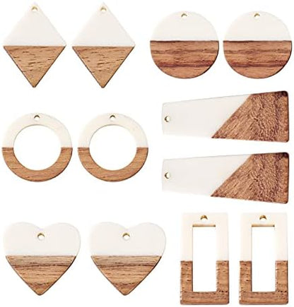 FASHEWELRY 12Pcs Resin Wooden Pendants 6 Styles Rectangle Rhombus Flat Round Geometry Vintage Resin Wood Statement for Jewelry Making (White) by FASHEWELRY