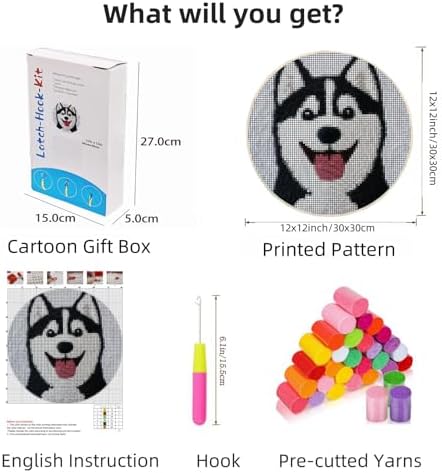 Latch Hook Rug Kit Husky Dog Easy for Beginners Round Shape Carpet Crochet Yarn Craft Mini Rug DIY Hook and Latch Little Tapestry for Home Decor 30x30cm - Image 2