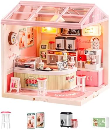 Kisoy DIY Miniature House Kit, Beginner-Friendly Tiny House Model with LED Light, Craft Gift for Home Decor, Teens & Adults（Milk Tea Shop） by Kisoy