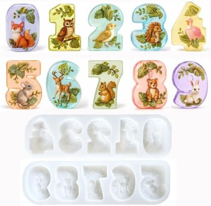 3D Woodland Animal Number Resin Molds Set, 0-9 Creature Silicone Mold by RESINGO