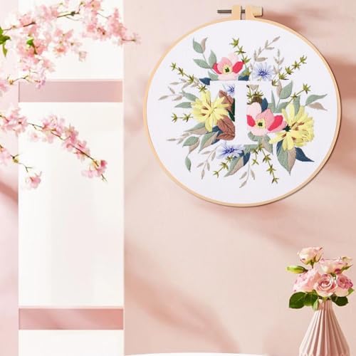 IUHUI Embroidery Kit for Beginners Adults - 26 Floral Letters Easy Patterns, DIY Hand Stitching Embroidery Set with Hoop (Flower and Grass Letter T) - Image 3