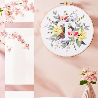 IUHUI Embroidery Kit for Beginners Adults - 26 Floral Letters Easy Patterns, DIY Hand Stitching Embroidery Set with Hoop (Flower and Grass Letter T) - Image 3