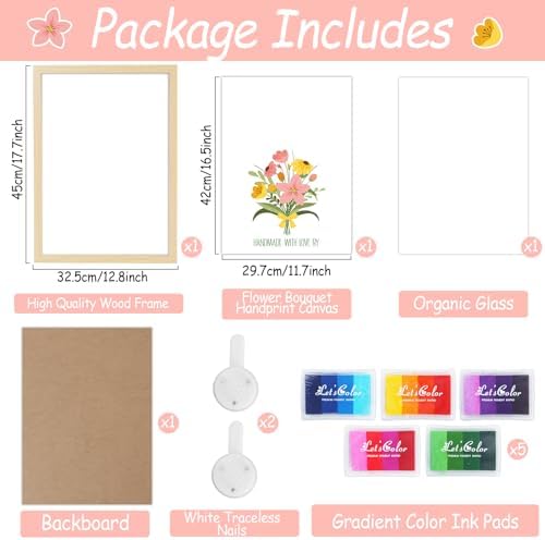 QOUBAI Flower Bouquet Handprint Art Craft DIY Kit Mother's Day Gifts from Daughter or Son Children Adults Handprint Keepsake for Mom Grandma Birthday Gifts Christmas (12X16in, with Wood Frame) - Image 2