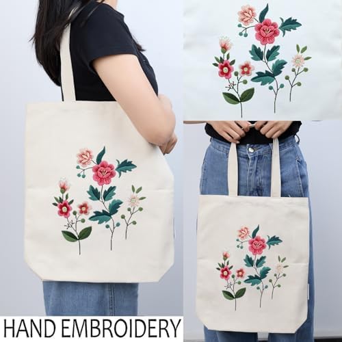 CREAWONDER Canvas Tote Bag Embroidery Kit with Pattern for Beginners, Arts and DIY Embroidery Crafts Kits for Adults, Include Instructions, Thimble, Embroidery Hoops, Color Threads and Tool - Image 2