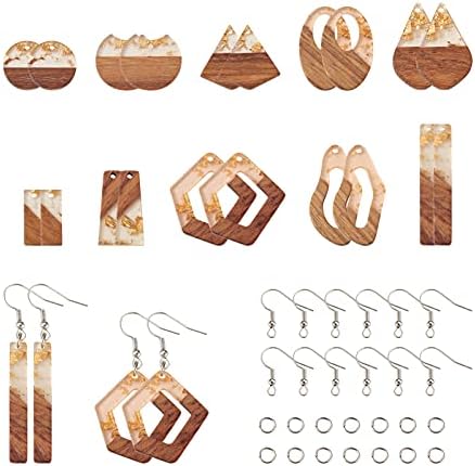 FASHEWELRY 20Pcs Resin Wooden Earring Pendants 10 Styles Gold Teardrop Rectangle Rhombus Flat Round Geometry Vintage Resin Wood Statement for Jewelry Making by FASHEWELRY