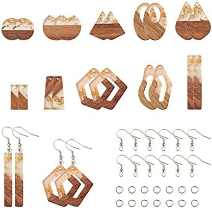 FASHEWELRY 20Pcs Resin Wooden Earring Pendants 10 Styles Gold Teardrop Rectangle Rhombus Flat Round Geometry Vintage Resin Wood Statement for Jewelry Making by FASHEWELRY