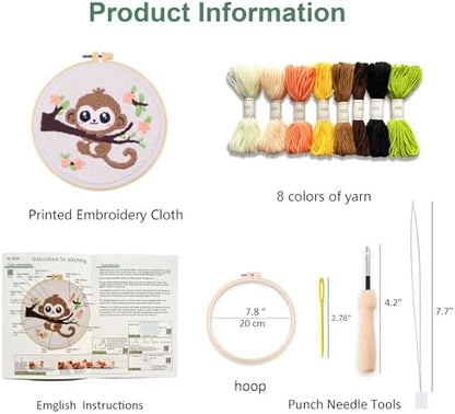 Myfelicity Punch Needle Embroidery Kit, Beginner Craft Set with Animal Pattern Design, 7.9 Inch Hoop (Monkey) - Image 2