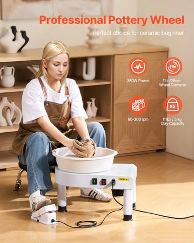 VEVOR Pottery Wheel for Adults, 11in/28cm Ceramic Wheel Forming Machine, 0-6in Adjustable Lift Leg 350W Professional Pottery Kit with Foot Pedal Detachable Basin for Work Art Craft DIY, White - Image 2