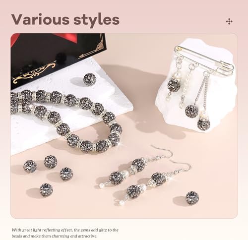 160pcs 10mm Rhinestone Beads for Jewelry Making, Hematite Shiny Round Disco Ball Beads Bulk, Sparkle Crystal Clay Christmas for Bracelet Baseball Necklace Earring Crafting and DIY - Image 2