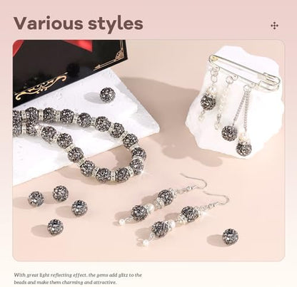 105pcs 10mm Rhinestone Beads for Jewelry Making, Hematite Shiny Round Disco Ball Beads Bulk, Sparkle Crystal Clay Christmas for Bracelet Baseball Necklace Earring Crafting and DIY - Image 2