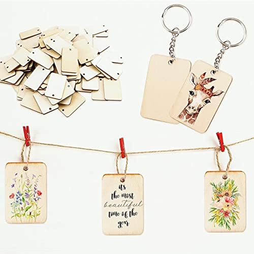 Happyay 30Pcs Unfinished Wood Pieces, Rectangle Wood Pieces with 30 Pcs Key Rings and Hemp Rope, for Craft Projects, Hanging Decorations, Painting, Laser Engraver - Image 6