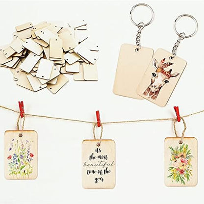 Happyay 30Pcs Unfinished Wood Pieces, Rectangle Wood Pieces with 30 Pcs Key Rings and Hemp Rope, for Craft Projects, Hanging Decorations, Painting, Laser Engraver - Image 6