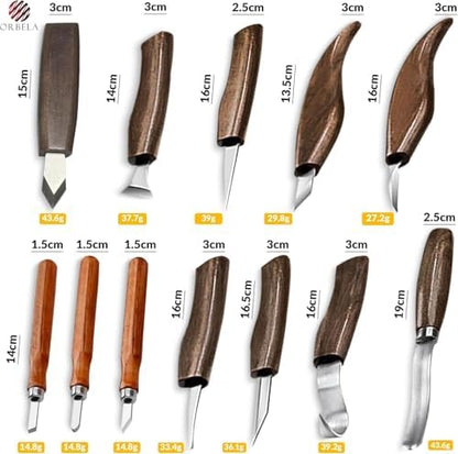 Orbela 16PCS Wood Carving Tools Set Heavy Duty with Leather Roll Bag - Complete Wood Carving Kit for Beginners & Experts, Whittling Knives, Wood Carving Chisels, Sharpening Strop, Gloves Woodworking - Image 2